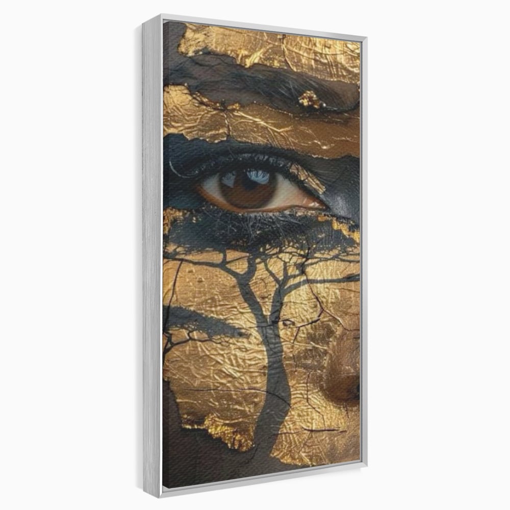 Tablou canvas cu tablou canvas cu ochi uman si arbore, in rama de aluminiu argintiu